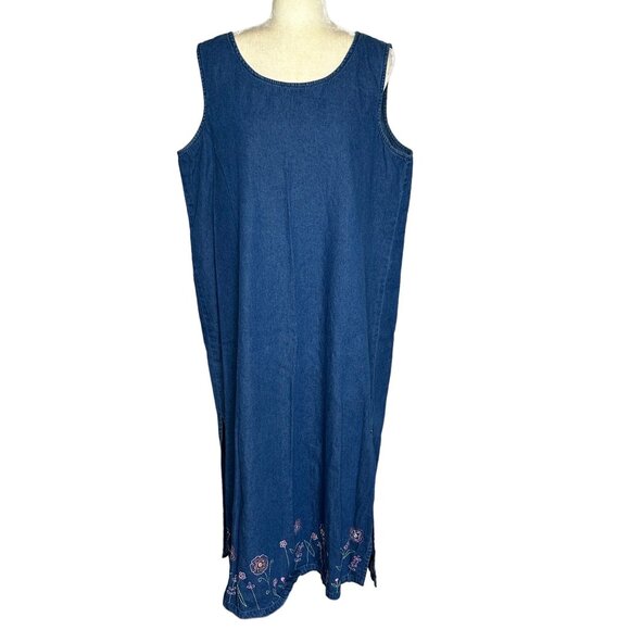 Jane Ashley Vintage 90s Denim Maxi Dress Plus 1X Floral Embroidery Cottagecore - Picture 2 of 12